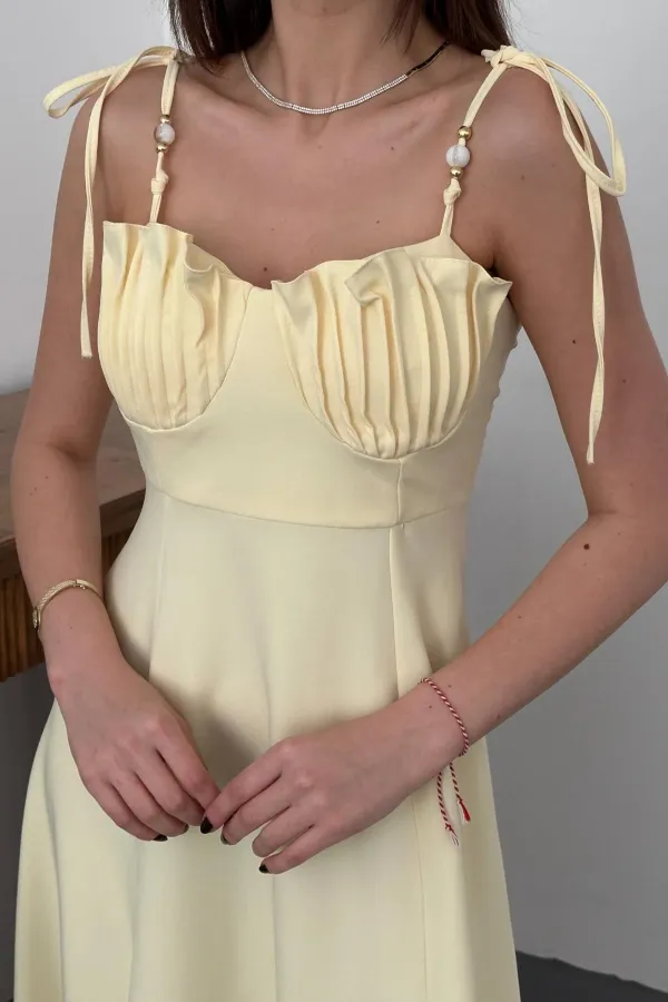 Toptan Sarı Yırtmaçlı Göğüs Kuplu Atlas Elbise