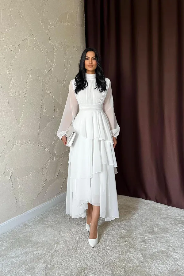 Toptan Beyaz Bel Detaylı Elbise