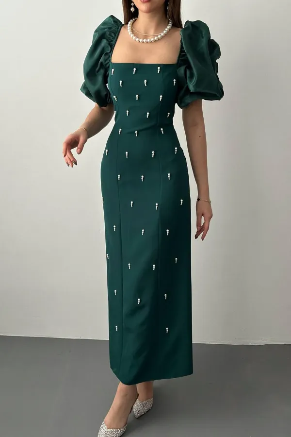 Robe à manches brodées d'émeraude en gros