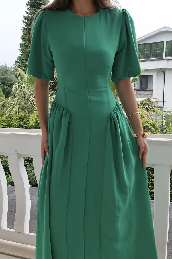 Toptan Yeşil Arkadan Bağlamalı Büzgülü Keten Elbise
