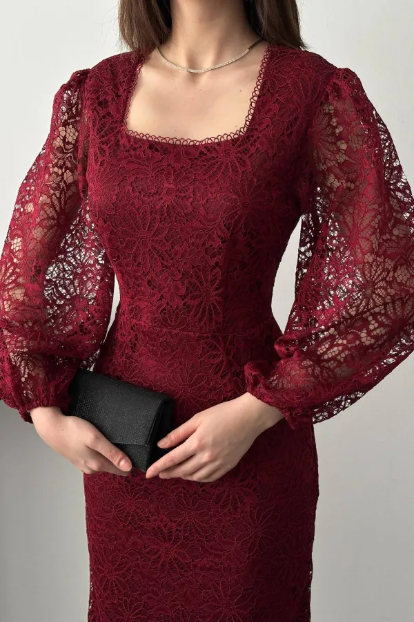 Toptan Bordo Güpür Detaylı Dantel Elbise