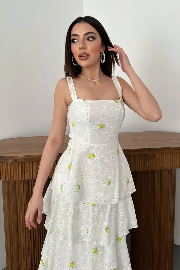 Toptan Sarı Çiçek Desenli Kat Kat Arkası Bağlamalı Elbise