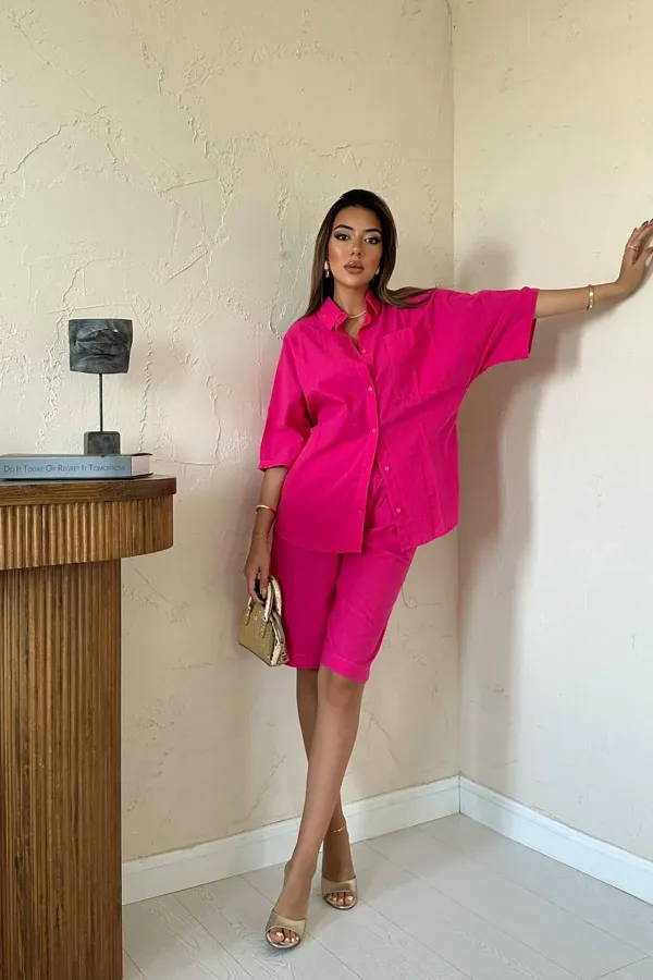 Ensemble chemise et short en lin fuchsia à manches courtes en gros