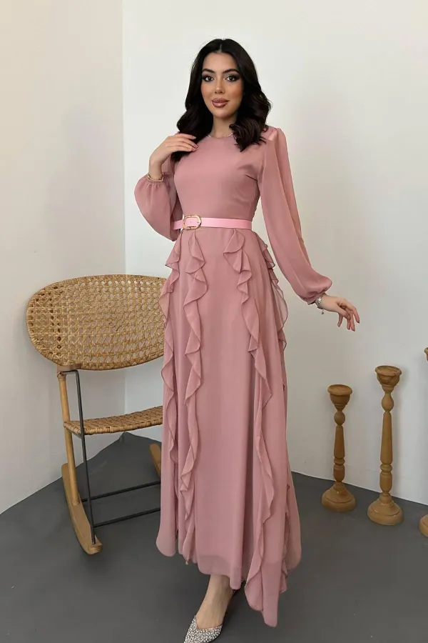 Wholesale Pink Belted Chiffon Dress