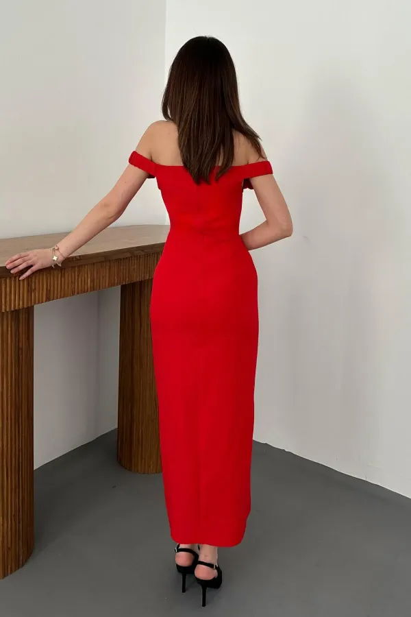 Toptan Kırmızı Madonna Yaka Güllü Elbise