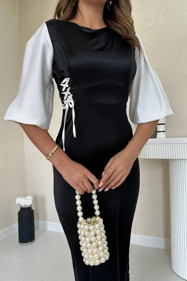 Robe en satin noir et blanc avec détails en dentelle en gros