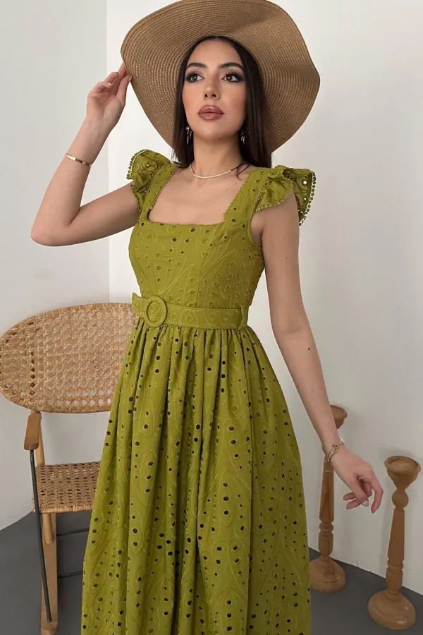 Toptan Fıstık Yeşili Dantelli Brode Elbise