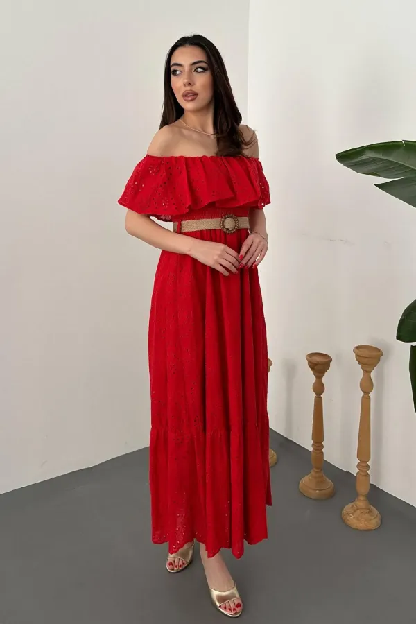 Wholesale Red Elastic Shoulder Embroidered Dress