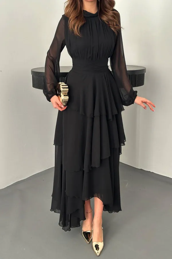 Toptan Siyah Bel Detaylı Elbise