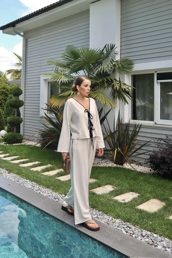 Toptan Bej Fiyonklu Keten Takım