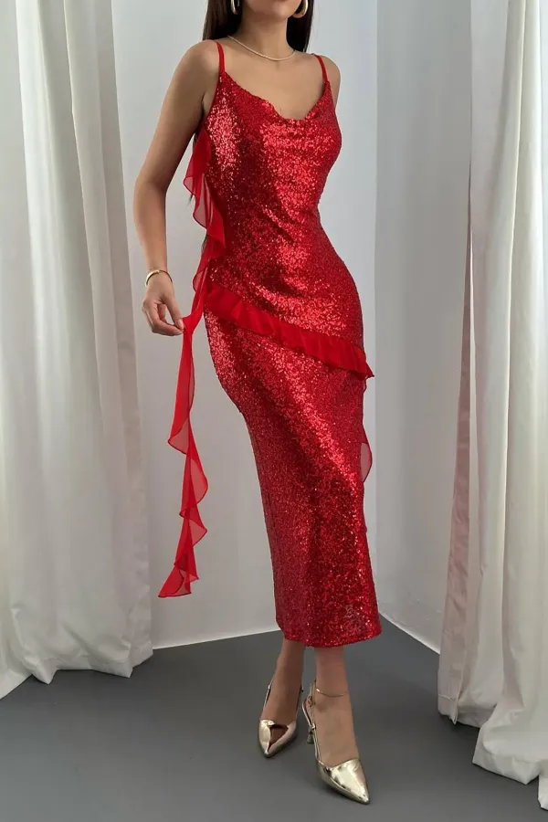 Robe à volants en mousseline rouge à sequins, vente en gros