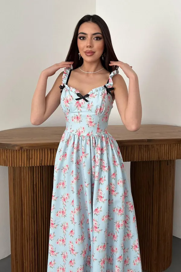 Toptan Bebe Mavi Önü Fiyonklu Çiçekli Elbise