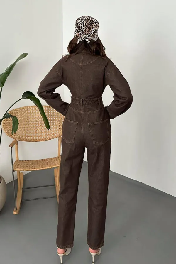 Toptan Kahverengi Denım Tulum