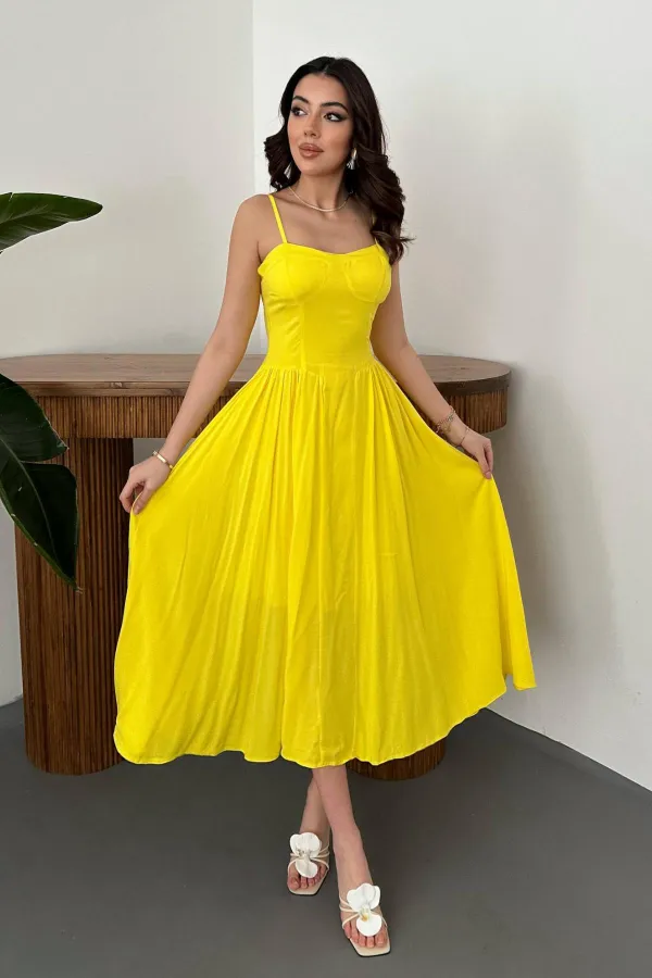 Toptan Sarı Göğüs Kuplu Uzun Büzgülü Elbise