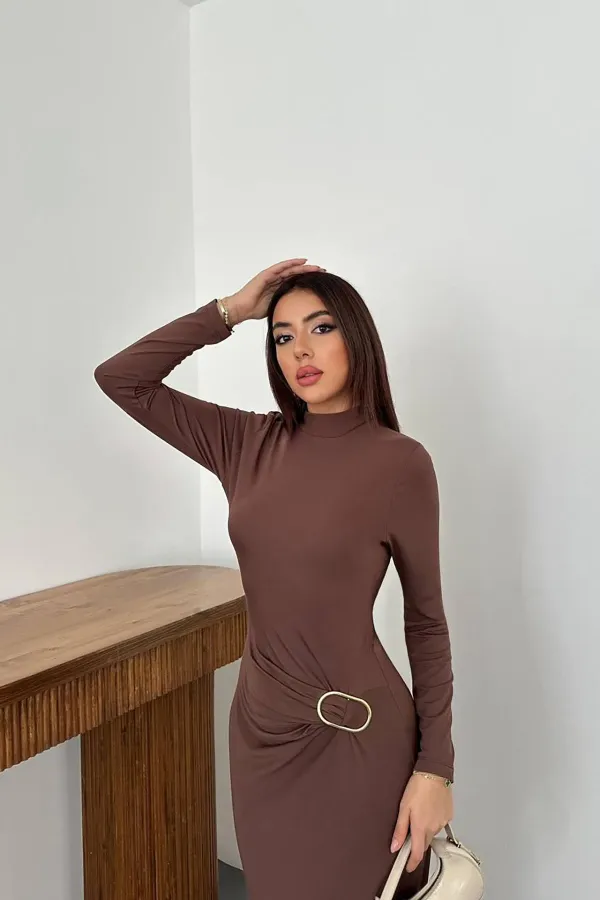 Toptan Kahverengi Beli Tokalı Elbise