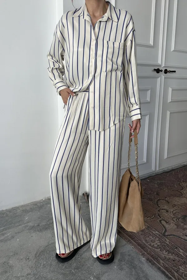 Toptan Mavi Çizgili Saten Takım