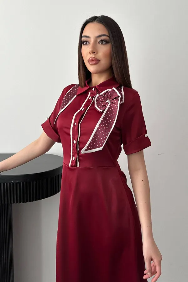 Toptan Bordo Fular Detaylı Saten Elbise