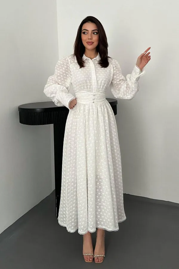 Toptan Beyaz Brode Kemerli Fisto Elbise