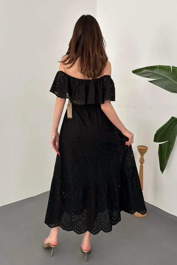 Wholesale Black Elastic Shoulder Embroidered Dress