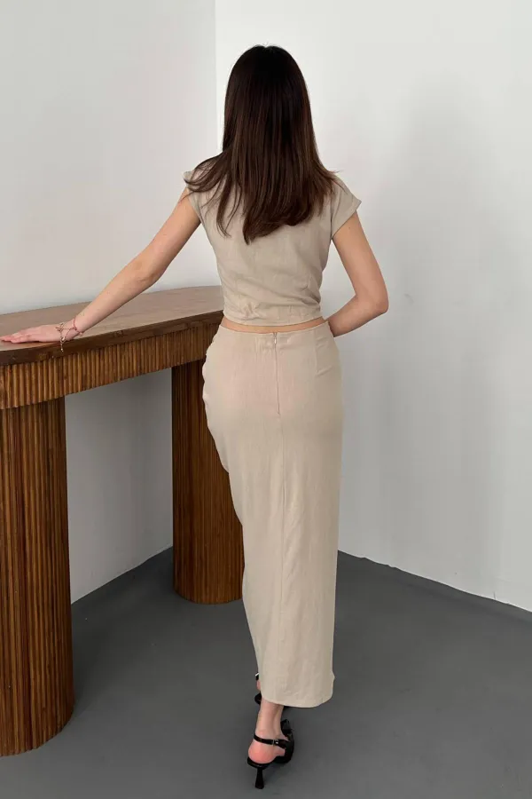 Toptan Vizon Keten Gömlek Ve Etek Takım