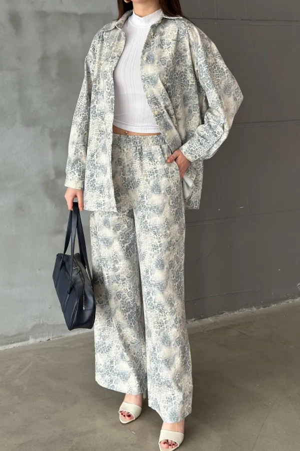 Ensemble veste et pantalon en lin gris à motif léopard en gros