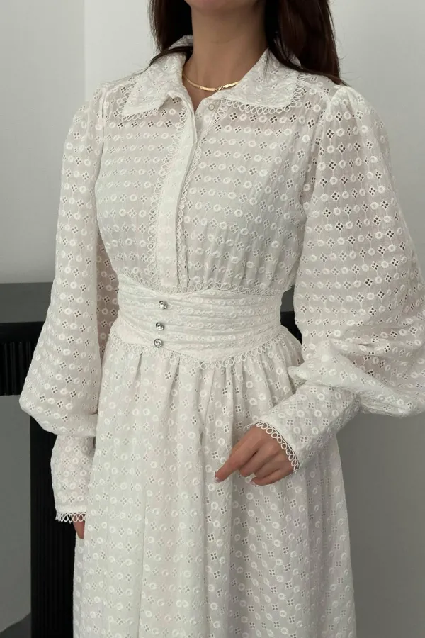 Toptan Beyaz Brode Kemerli Fisto Elbise