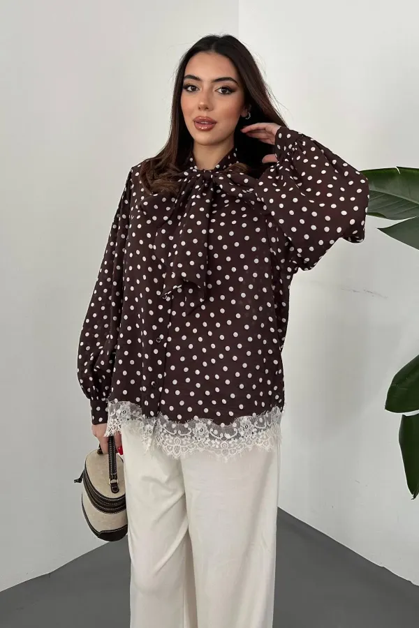 Toptan Kahverengi Puantiyeli Dantelli Gömlek