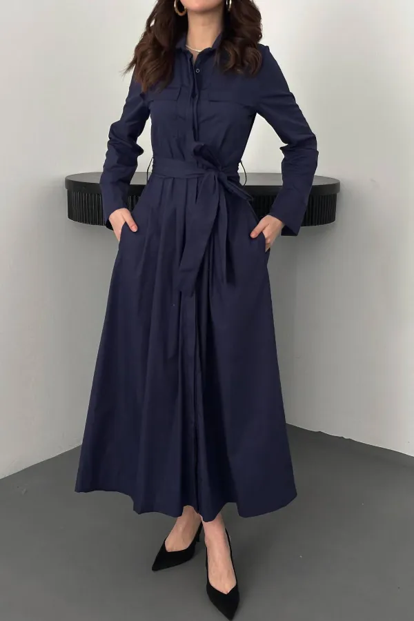 Toptan Lacivert Düğmeli Poplin Elbise