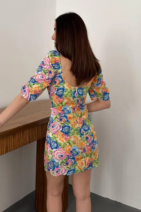 Toptan Oranj Boyundan Bağlamalı Desenli Elbise