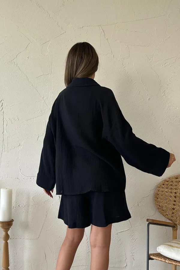 Toptan Siyah Gömlek Ve Müslin Şort Takım