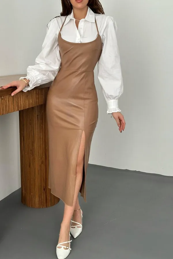 Robe en cuir beige dos nu en gros