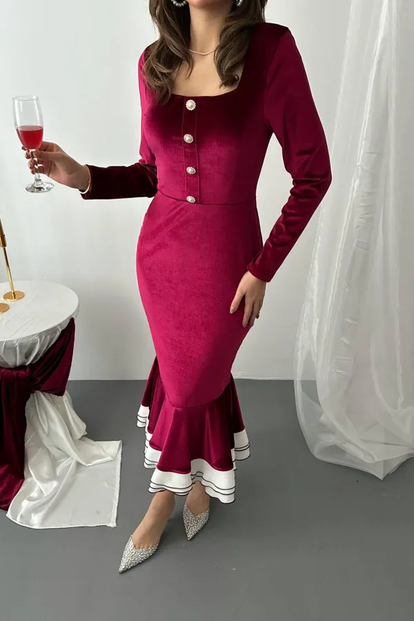 Toptan Bordo Alt Eteği Volanlı Kadife Elbise
