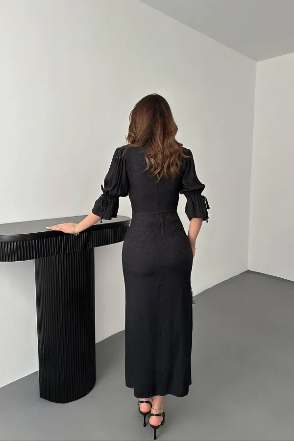 Robe jacquard fendue noire en gros