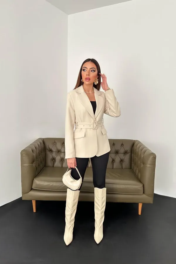 Wholesale Beige Jacket with Pocket Flap and Belt