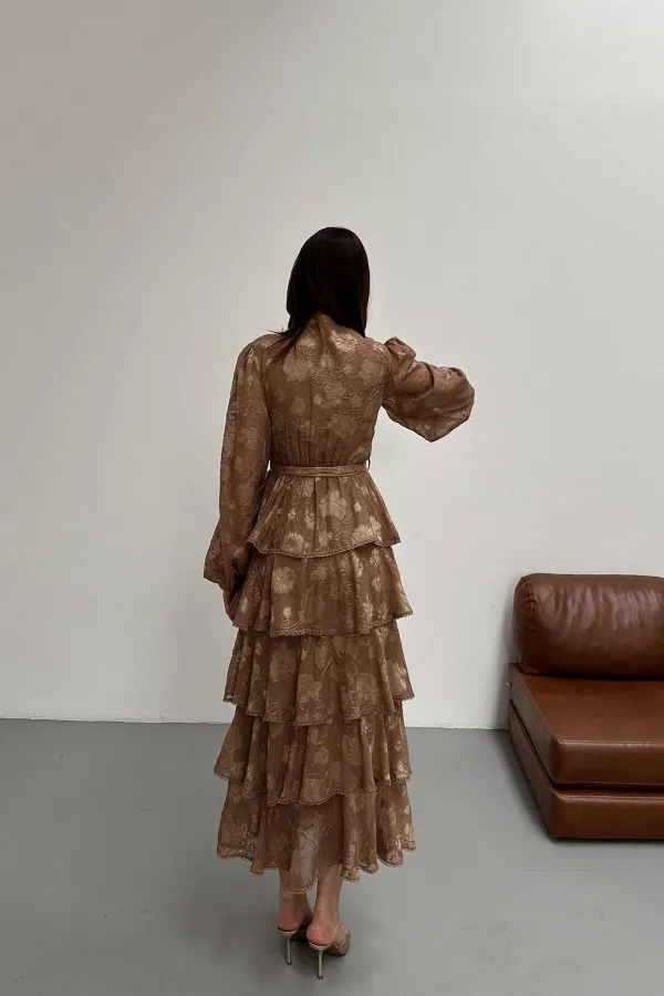 Toptan Vizon Valonlu Şeritli Kat Kat Elbise