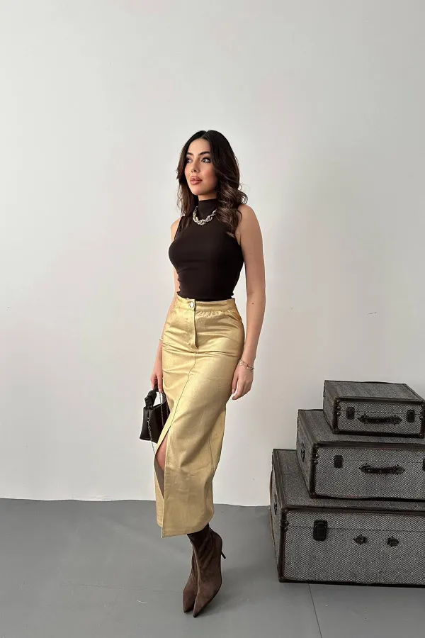 Jupe fendue en gabardine à feuilles d'or en gros