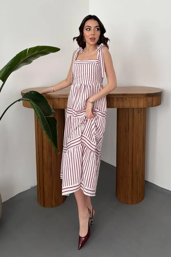 Toptan Bordo Omuzdan Bağlamalı Çizgili Elbise