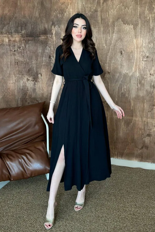 Toptan Siyah Kruvaze Yaka Müslin Keten Elbise