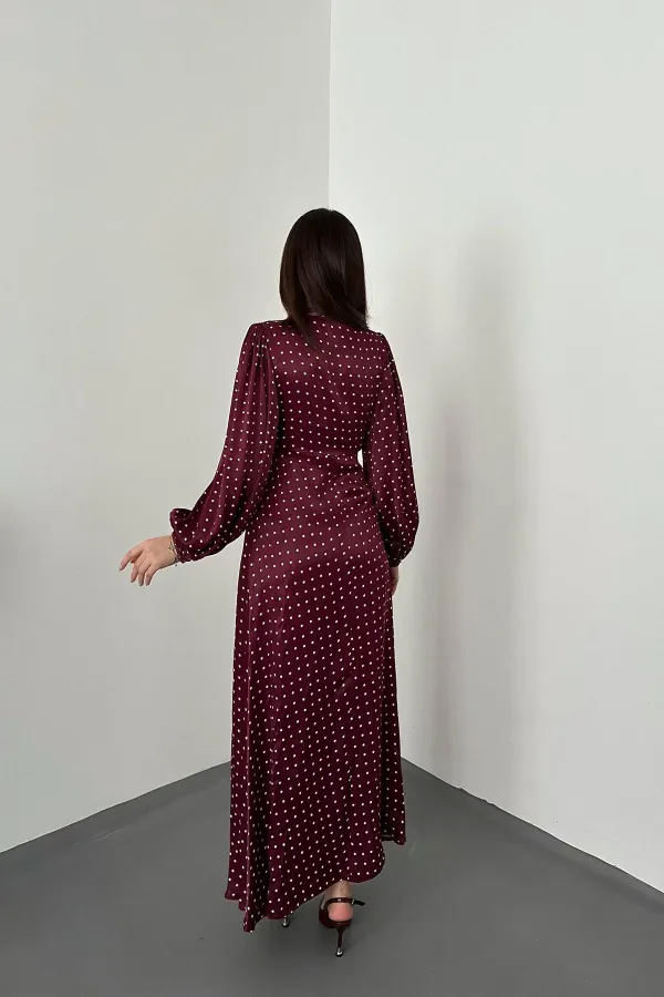 Toptan Bordo Saten Puantiyeli Dantel Detaylı Elbise