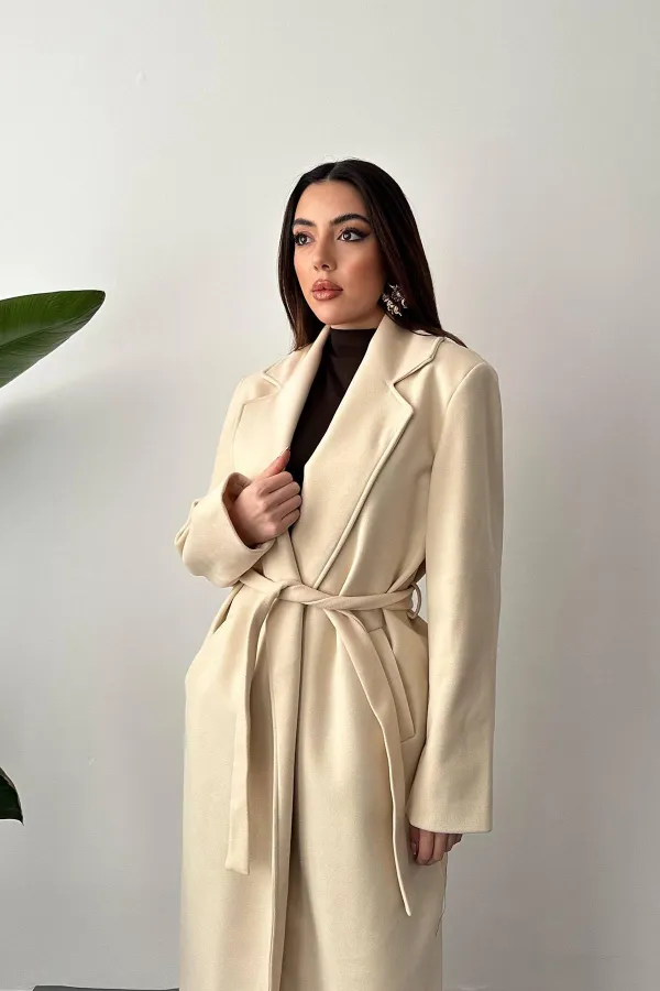 Toptan Bej Kuşaklı Midi Kaban