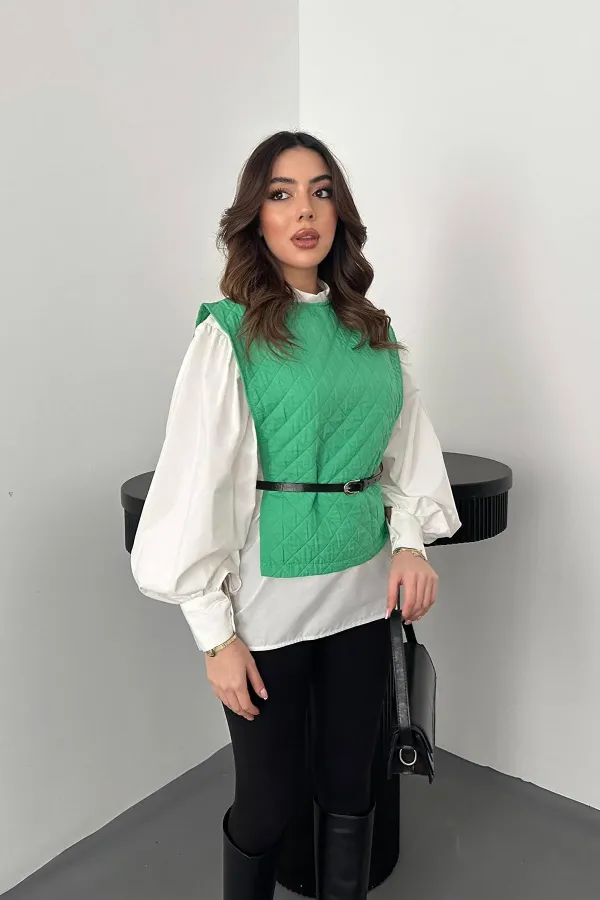 Toptan Yeşil Kemerli Gömlek Ve Panço Takım