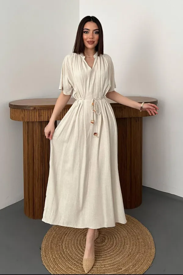 Toptan Bej Salaş Keten Elbise