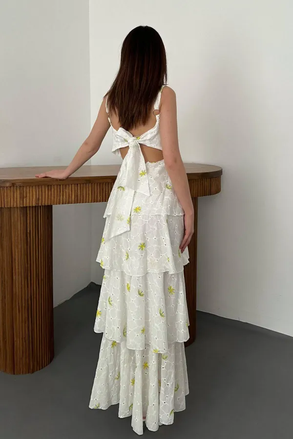 Toptan Sarı Çiçek Desenli Kat Kat Arkası Bağlamalı Elbise