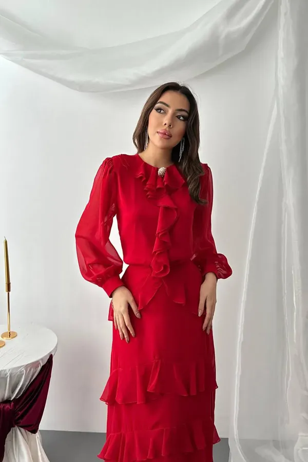 Toptan Kırmızı Fırfırlı Şifon Takım