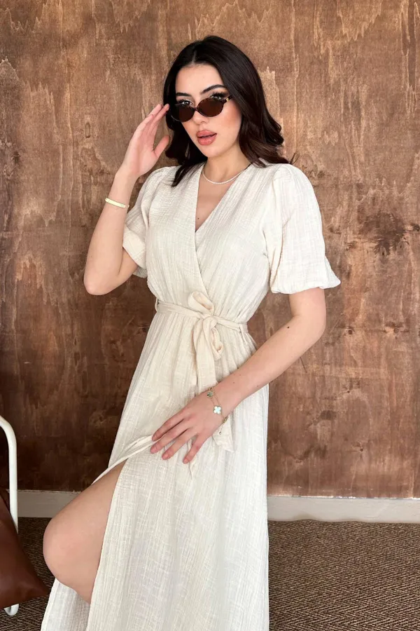 Toptan Bej Kruvaze Yaka Müslin Keten Elbise