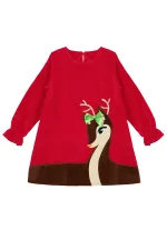 Yavru Geyik Kız Kadife Kırmızı Yılbaşı Elbisesi