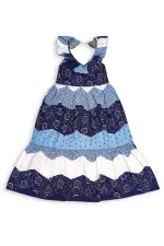 Lacivert Beyaz Desenli Kız Çocuk Poplin Elbise