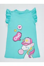 Sakızlı Unicorn Kız Çocuk Turkuaz Elbise