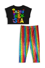 Renkli Varak Kız Çocuk Crop T-shirt Tayt Takım