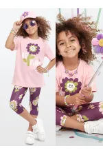 Pembe Çiçekler Kız Çocuk T-shirt Tayt Takım